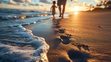 Adult and child walking on beach photograph
